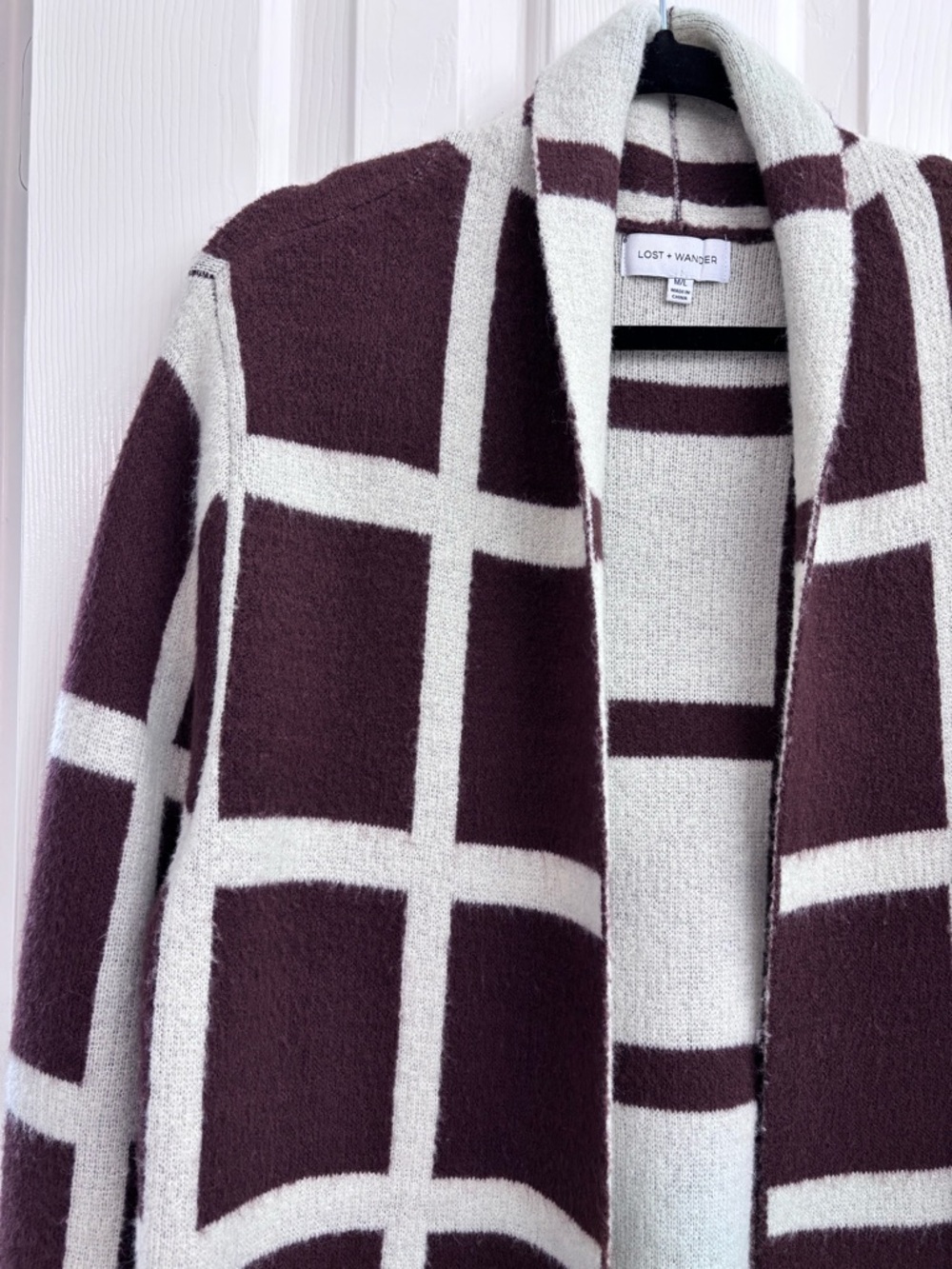 Lost + Wander Grid Plaid Open-Front Long Cardigan in Brown and Cream - SIZE M/L - Picture 4 of 14